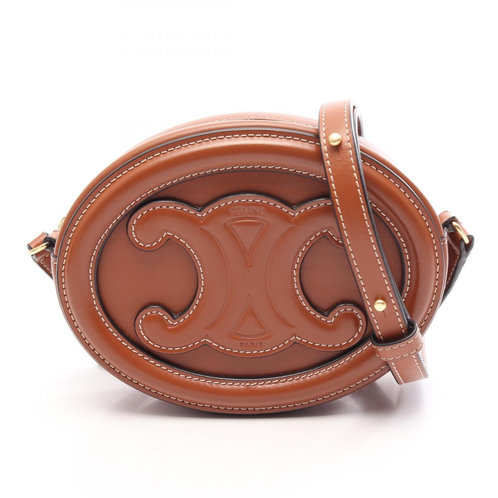 Celine Shoulder Bag Triomphe Oval Purse Cuile Tan Leather