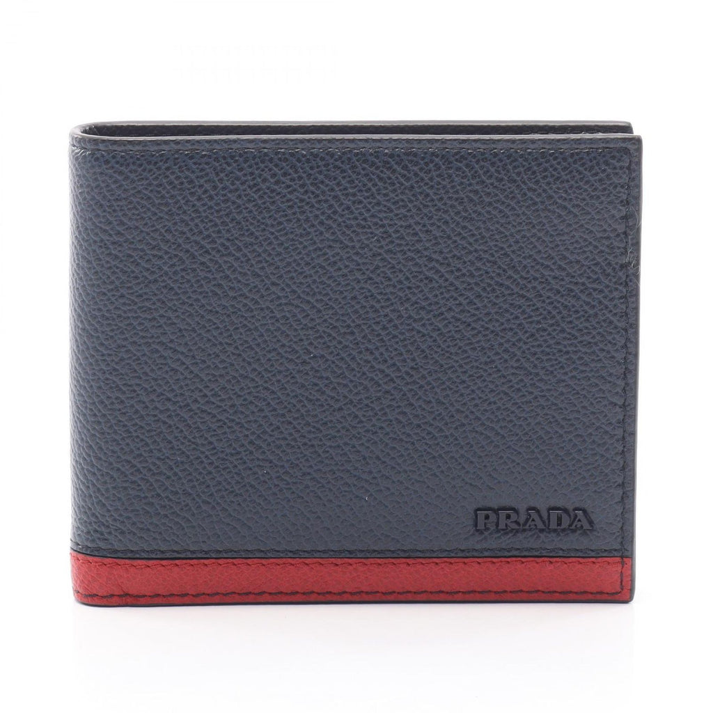 Prada Bifold Wallet Vit Micro Grain Navy Red Leather Billfold