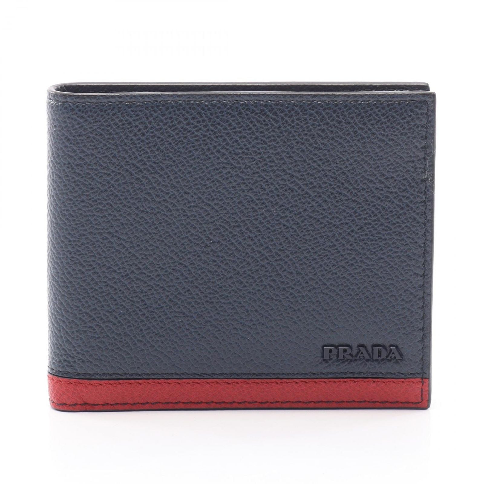 Prada Bifold Wallet Vit Micro Grain Navy Red Leather Billfold