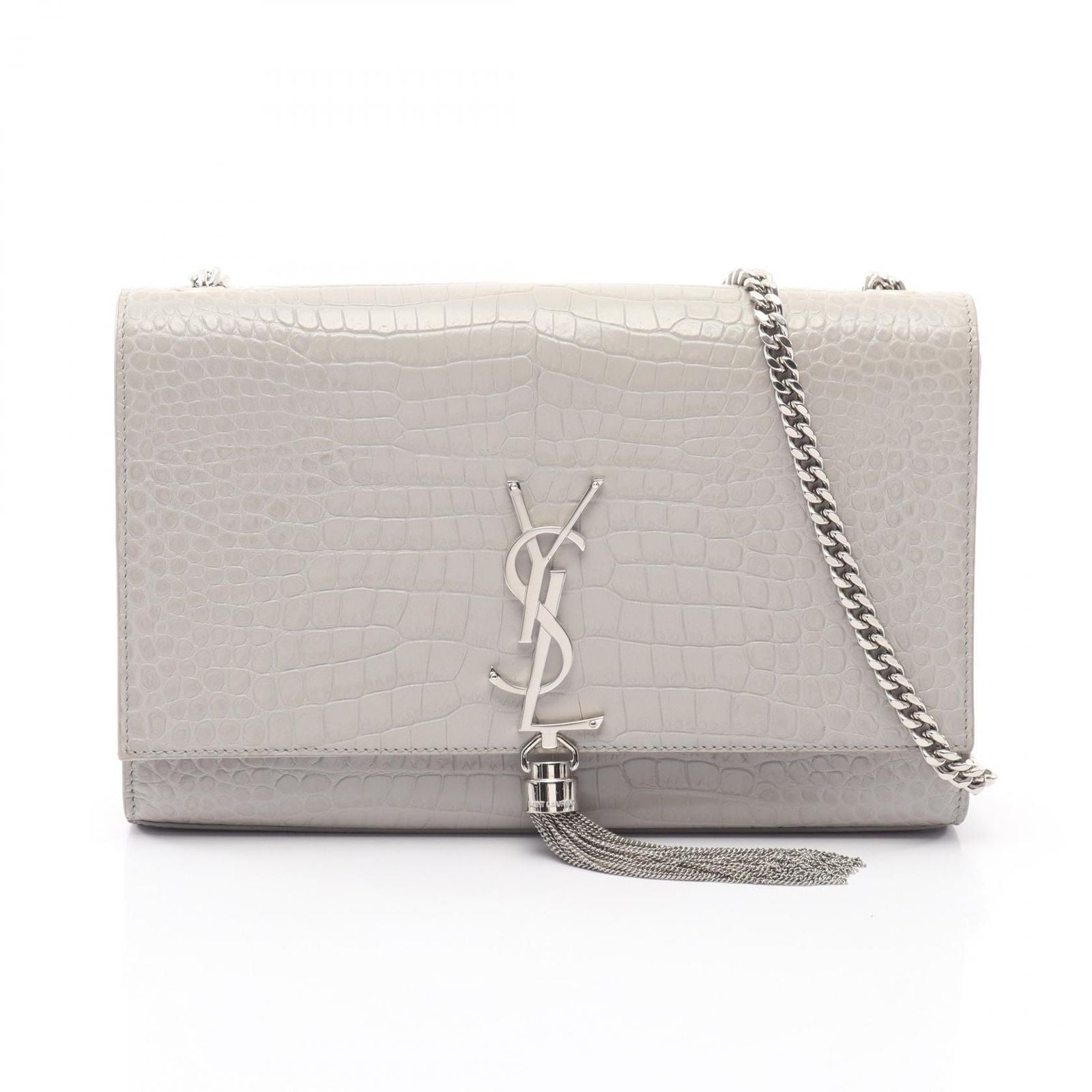 Saint Laurent Paris Shoulder Bag Kate Monogram Gray Leather Tassel Medium