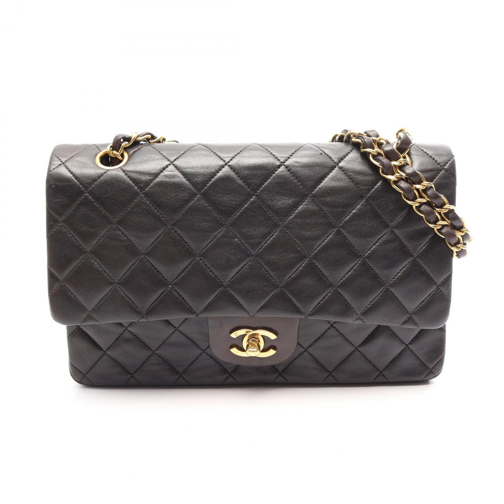 Chanel Shoulder Bag Quilted Double Flap Black Lambskin Chain