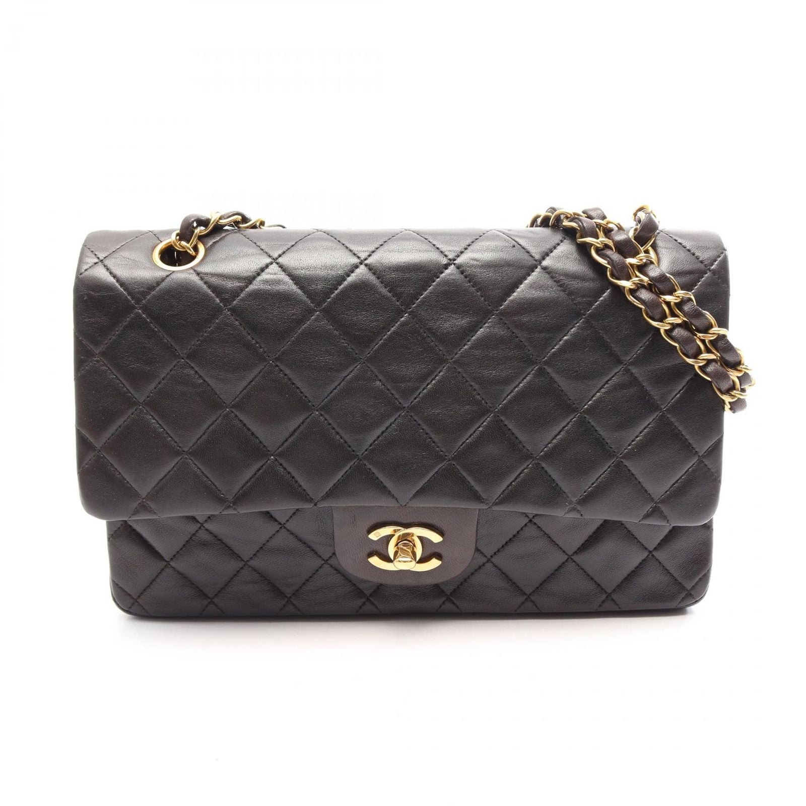 Chanel Shoulder Bag Quilted Double Flap Black Lambskin Chain
