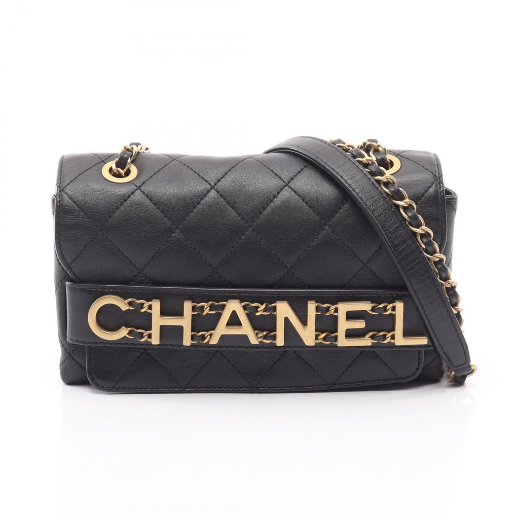 Chanel Shoulder Bag Quilted Logo Black Lambskin Chain