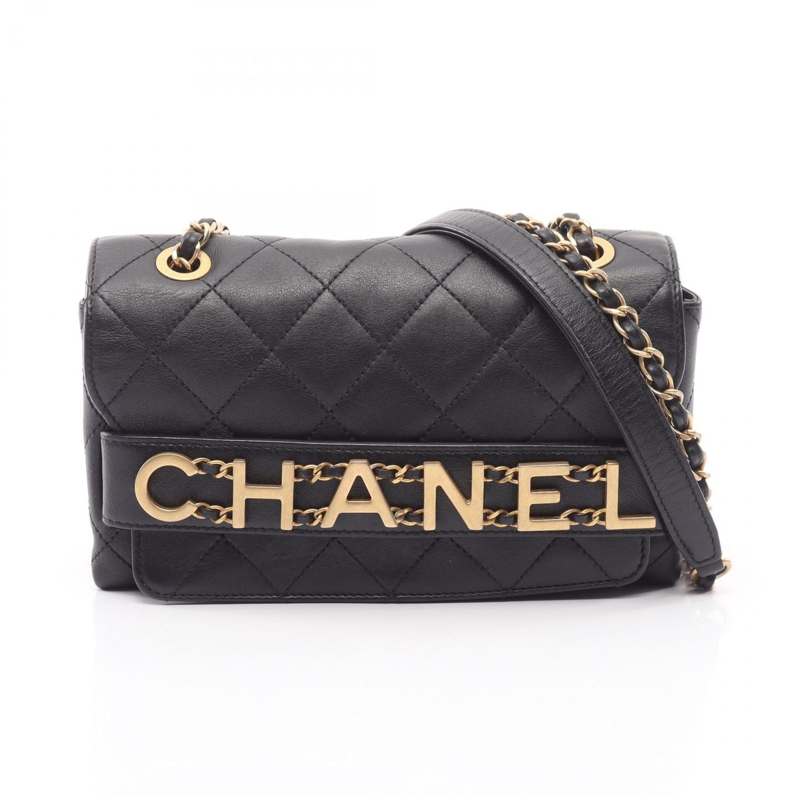 Chanel Shoulder Bag Quilted Logo Black Lambskin Chain
