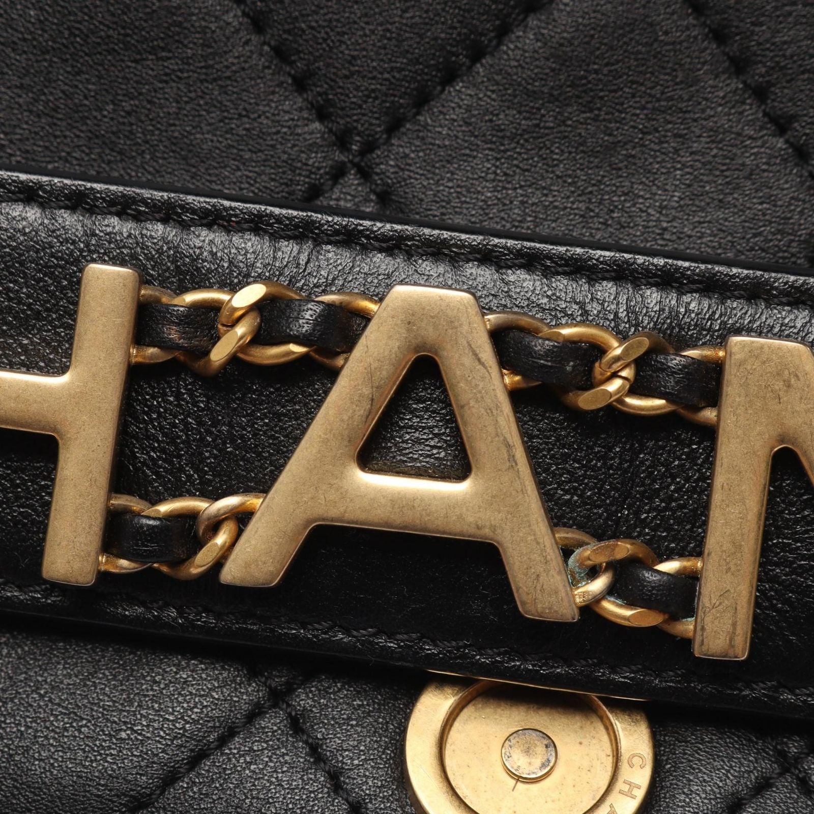 Chanel Shoulder Bag Quilted Logo Black Lambskin Chain — view 7