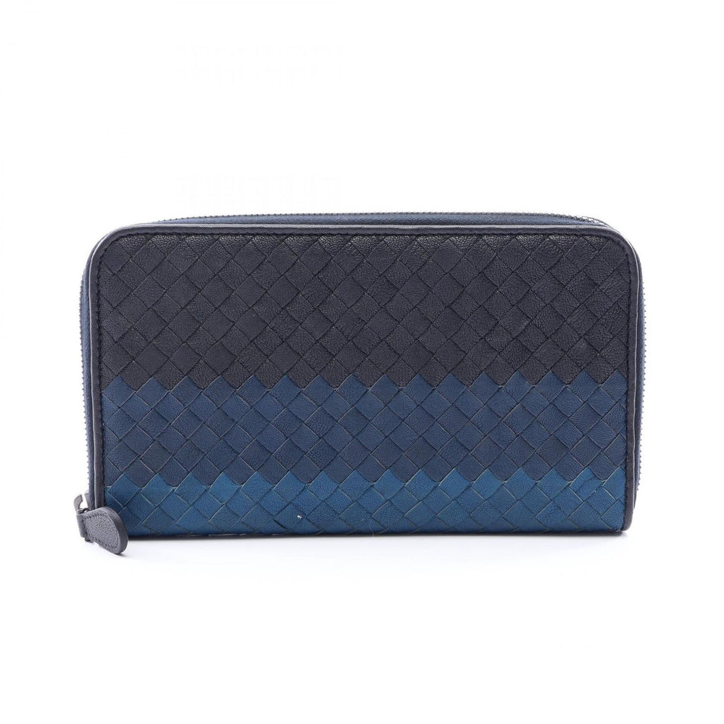 Bottega Veneta Round Wallet Intrecciato Black Navy Blue Leather