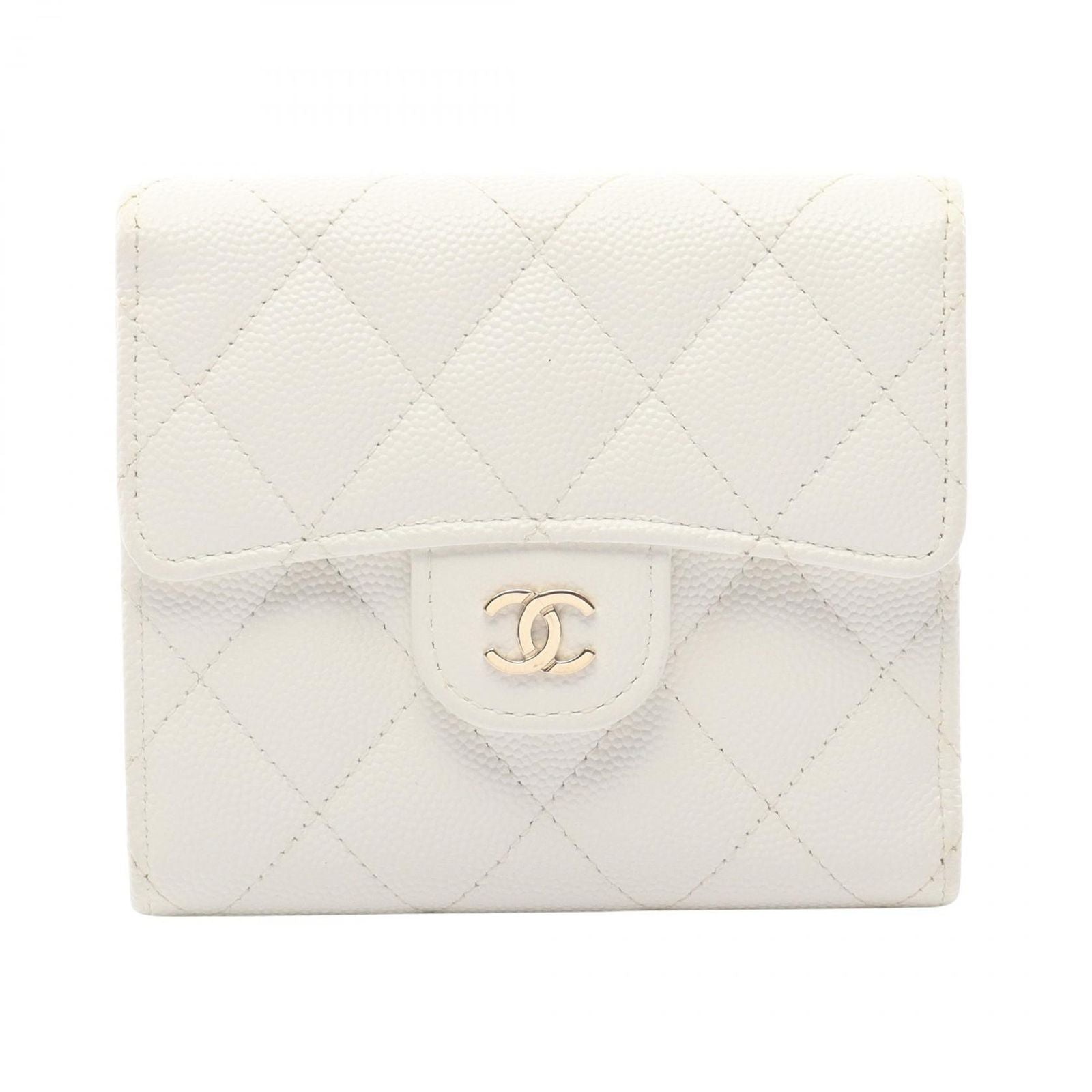 Chanel Trifold Wallet Quilted White Caviar Leather Compact