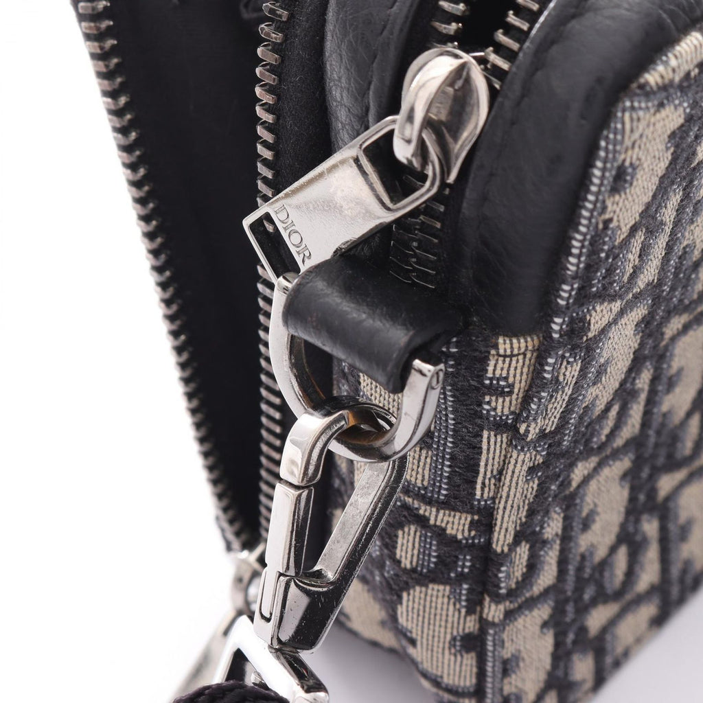 Dior Shoulder Bag Strap Zip Pouch Oblique Ivory Navy Black Canvas Leather — view 8