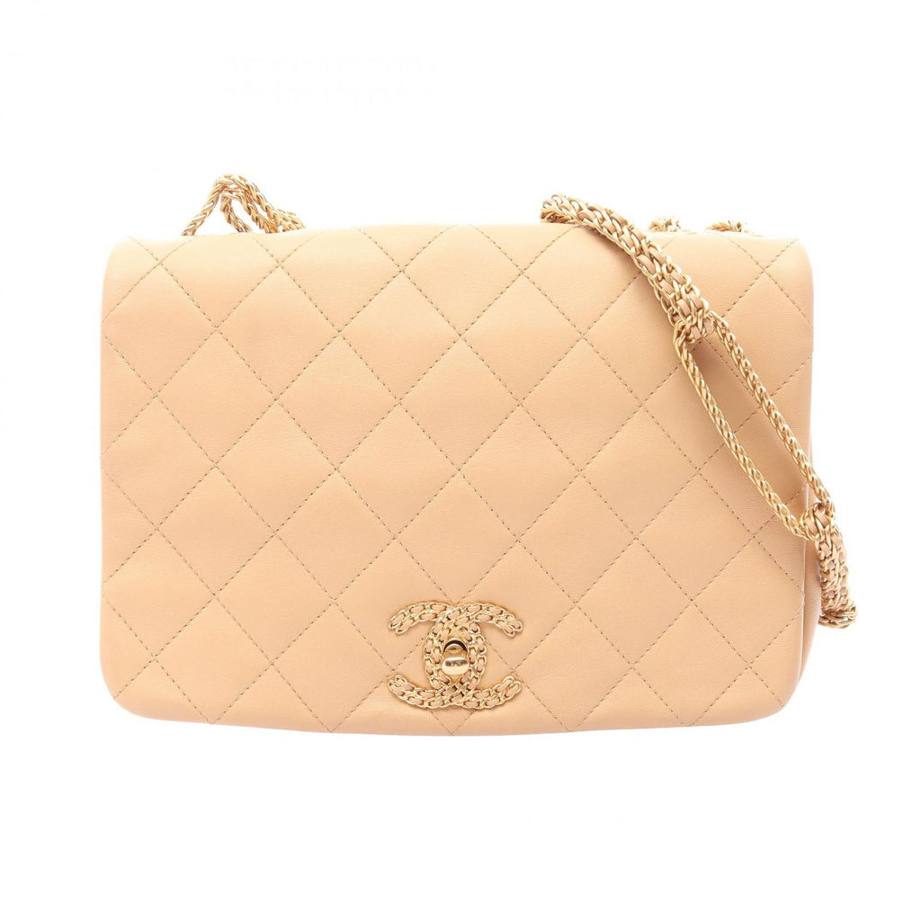 Chanel Shoulder Bag Quilted Beige Lambskin Full Flap Chain