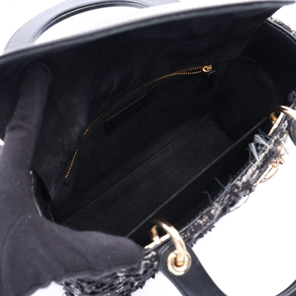 Dior Handbag Lady Dior Black White Fabric Leather 2-Way Tote Medium — view 3