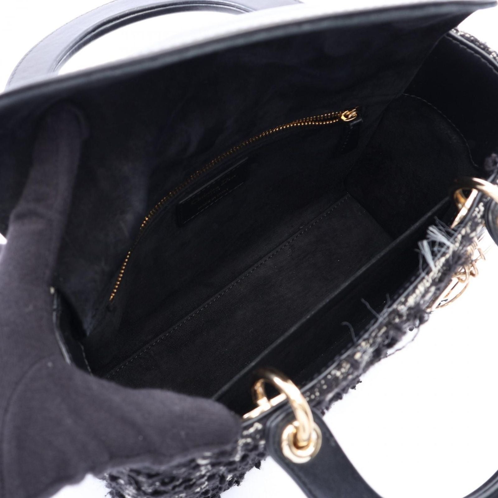 Dior Handbag Lady Dior Black White Fabric Leather 2-Way Tote Medium — view 3
