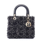 Dior Handbag Lady Dior Black White Fabric Leather 2-Way Tote Medium