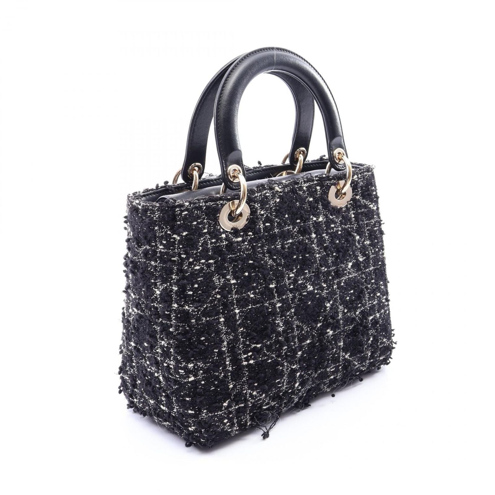 Dior Handbag Lady Dior Black White Fabric Leather 2-Way Tote Medium — view 2