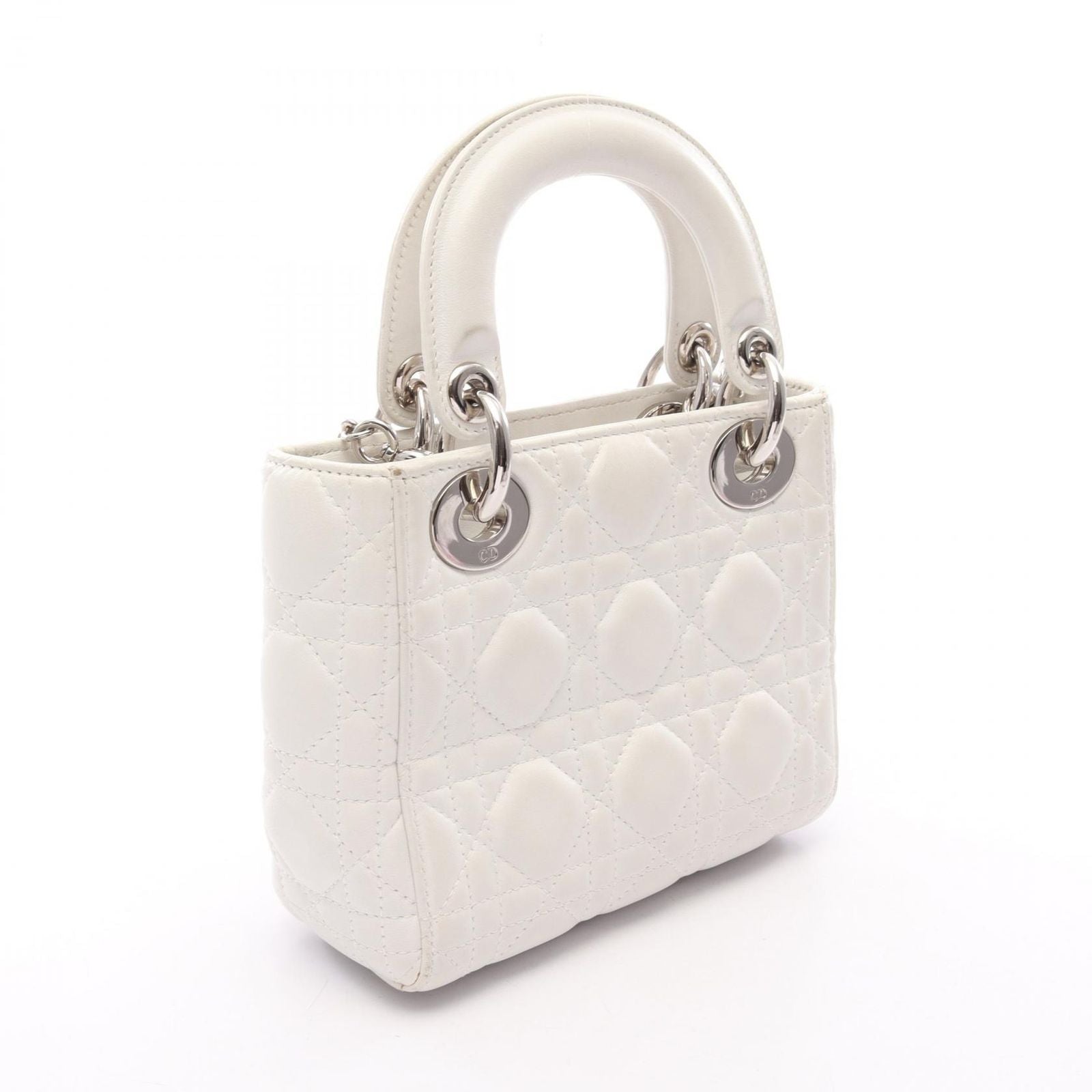 Dior Handbag Lady Dior Mini Cannage 2-Way White Leather Tote — view 2
