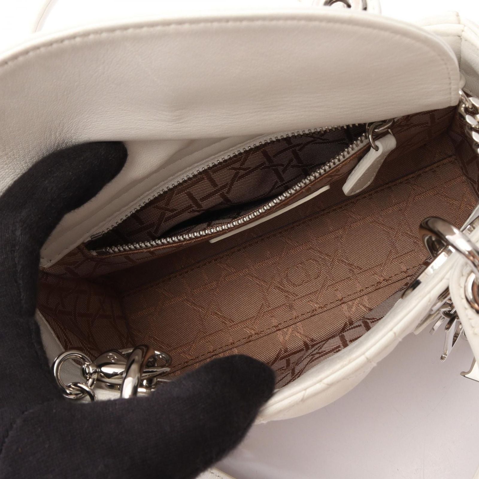 Dior Handbag Lady Dior Mini Cannage 2-Way White Leather Tote — view 3