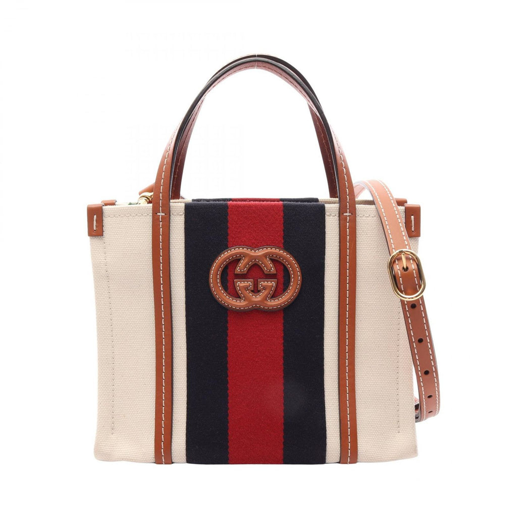 Gucci Tote Bag Interlocking G Mini 2-Way Natural Navy Brown Canvas Leather