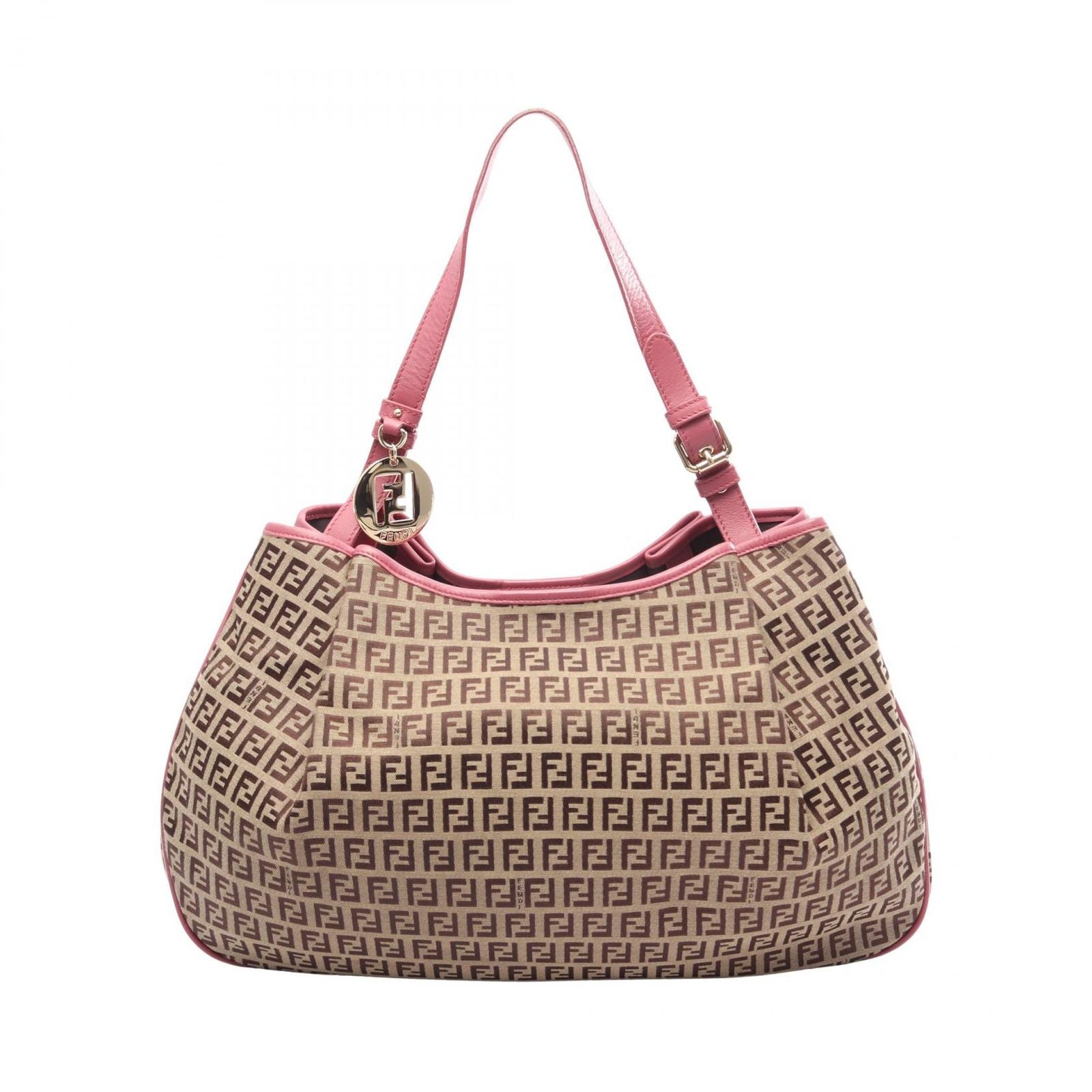 Fendi Shoulder Bag Zucchino Beige Pink Canvas Leather