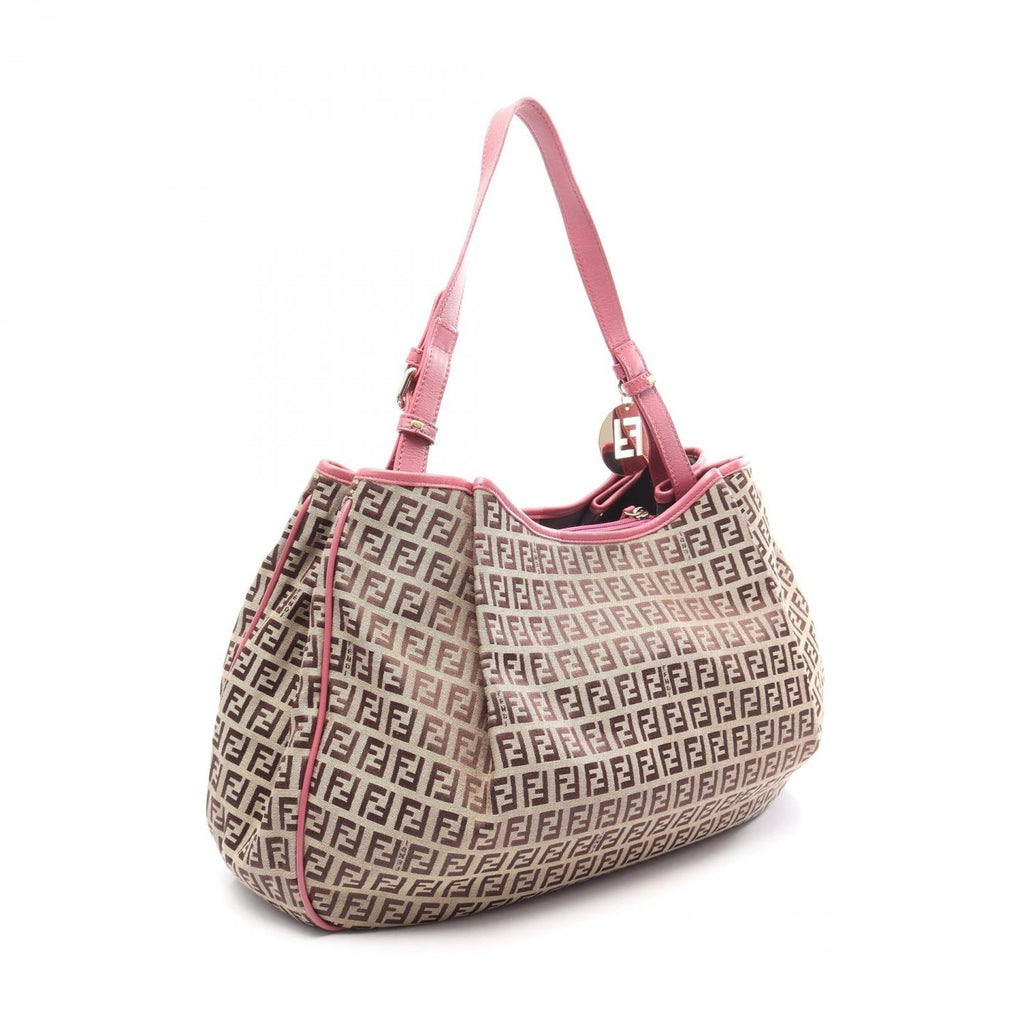 Fendi Shoulder Bag Zucchino Beige Pink Canvas Leather — view 2