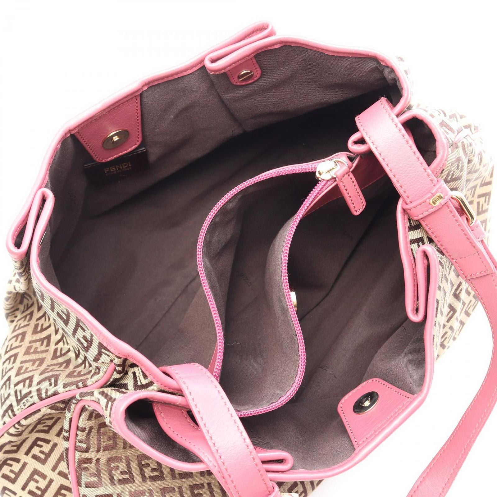 Fendi Shoulder Bag Zucchino Beige Pink Canvas Leather — view 3