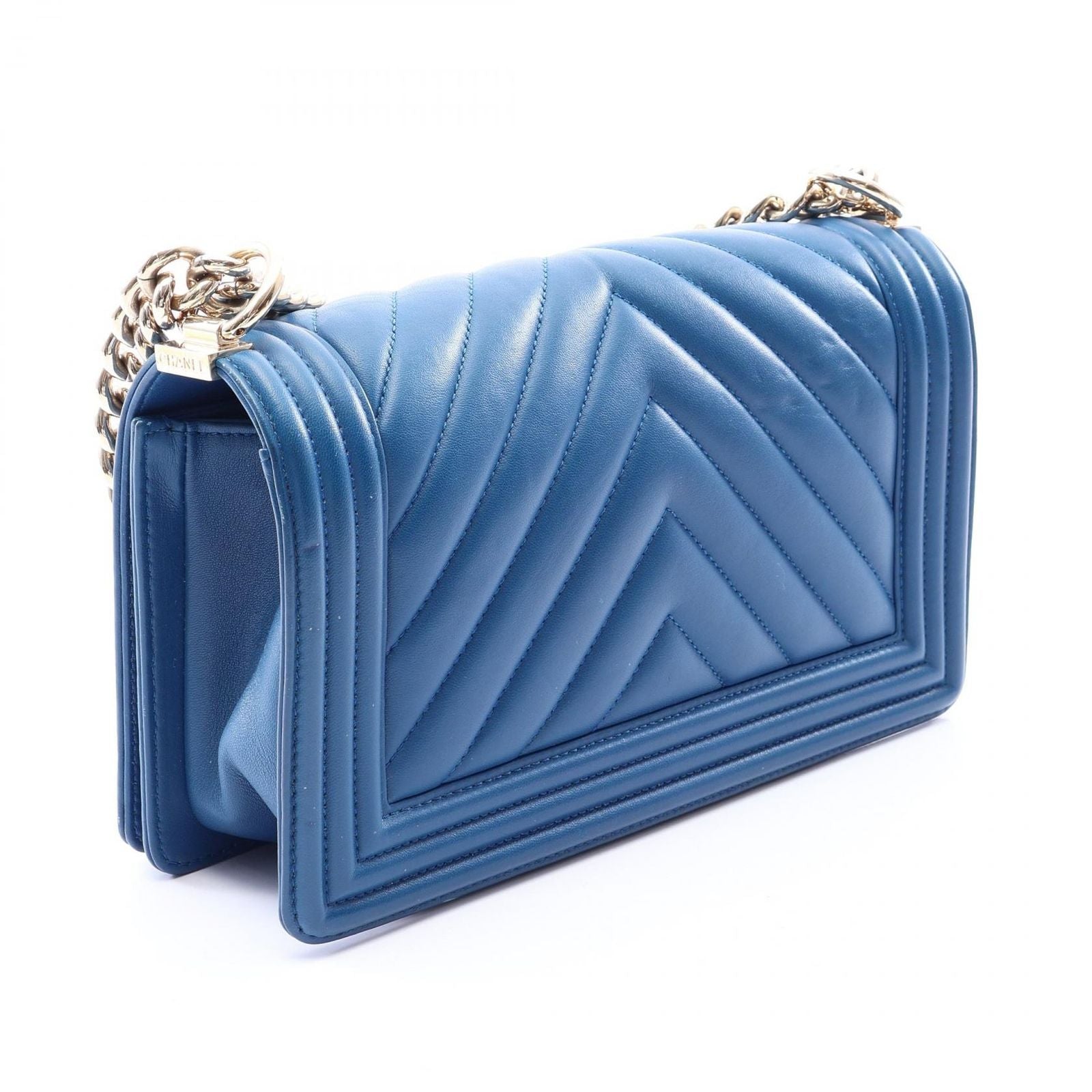 Chanel Shoulder Bag Boy Chevron V-stitch Blue Lambskin Chain — view 2