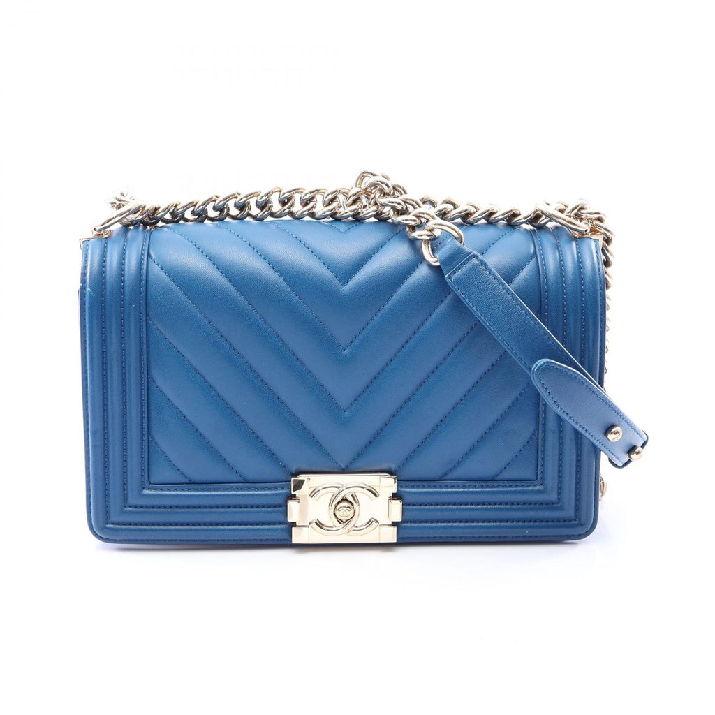 Chanel Shoulder Bag Boy Chevron V-stitch Blue Lambskin Chain