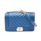 Chanel Shoulder Bag Boy Chevron V-stitch Blue Lambskin Chain