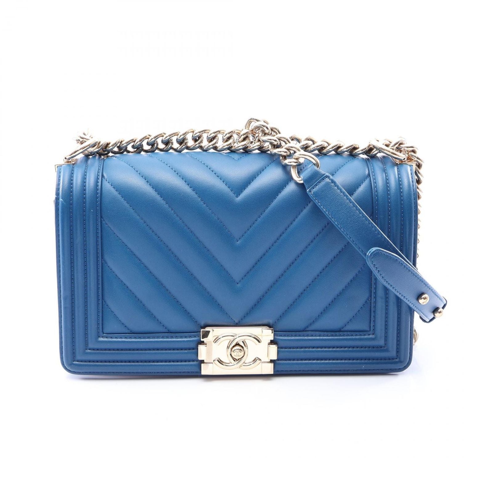 Chanel Shoulder Bag Boy Chevron V-stitch Blue Lambskin Chain