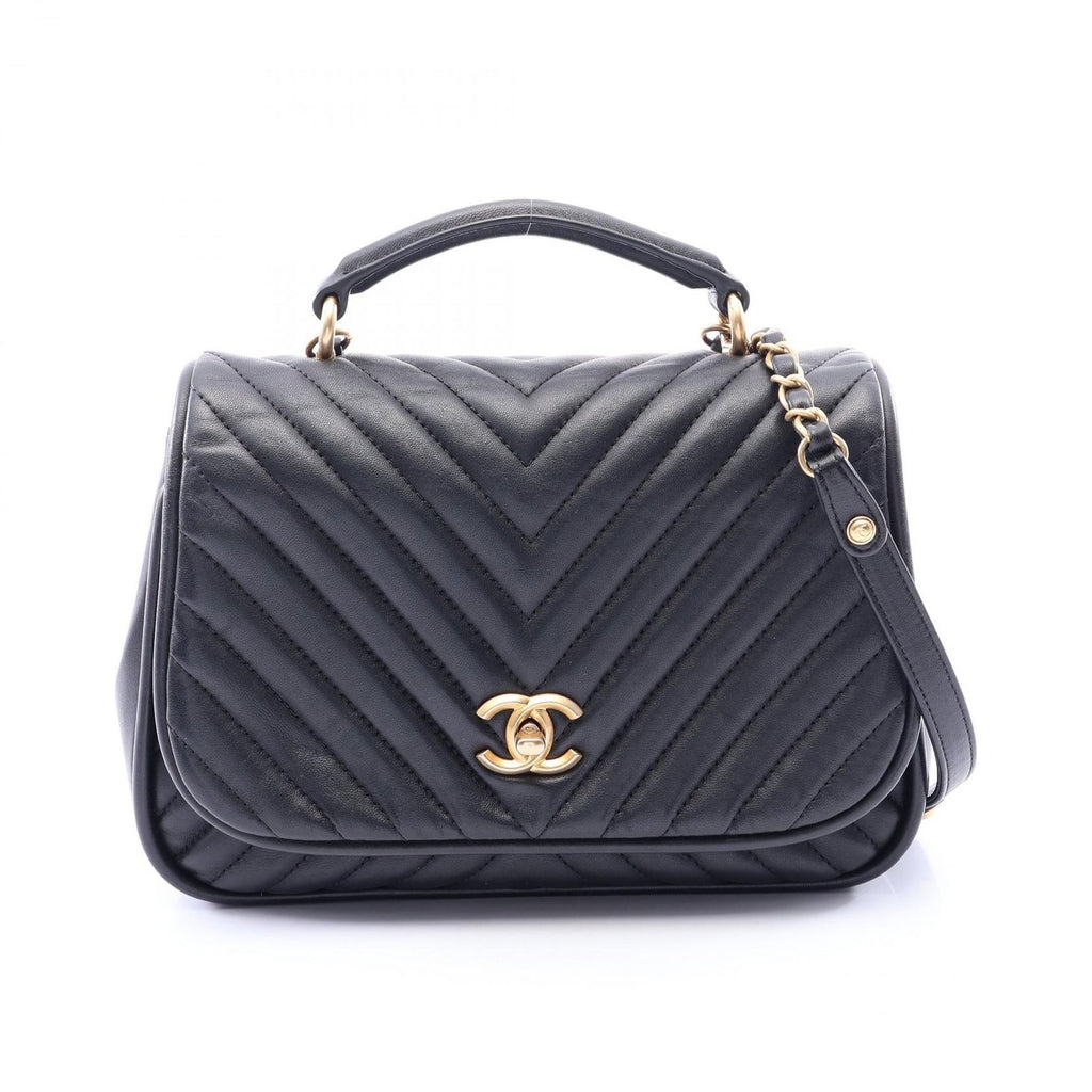 Chanel Shoulder Bag V-stitch Chevron 2-Way Black Lambskin Top Handle Chain