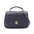 Chanel Shoulder Bag V-stitch Chevron 2-Way Black Lambskin Top Handle Chain