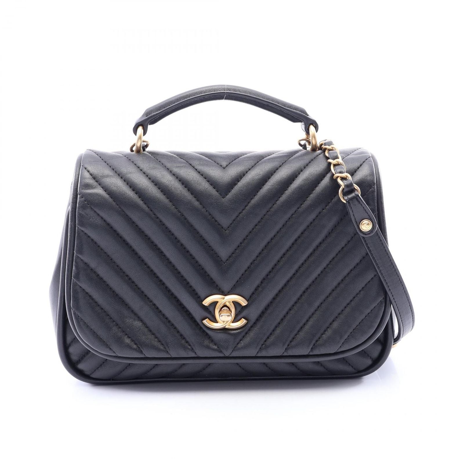 Chanel Shoulder Bag V-stitch Chevron 2-Way Black Lambskin Top Handle Chain