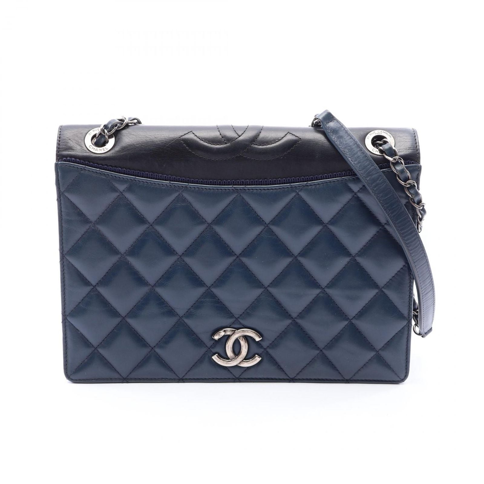 Chanel Shoulder Bag Quilted Navy Black Leather Chain