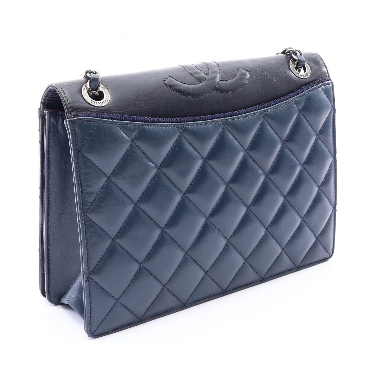 Chanel Shoulder Bag Quilted Navy Black Leather Chain — view 2