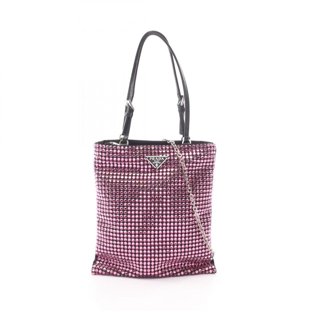 Prada Handbag Triangle Logo Crystal 2-Way Pink Fabric Leather