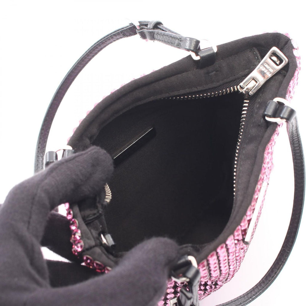 Prada Handbag Triangle Logo Crystal 2-Way Pink Fabric Leather — view 3