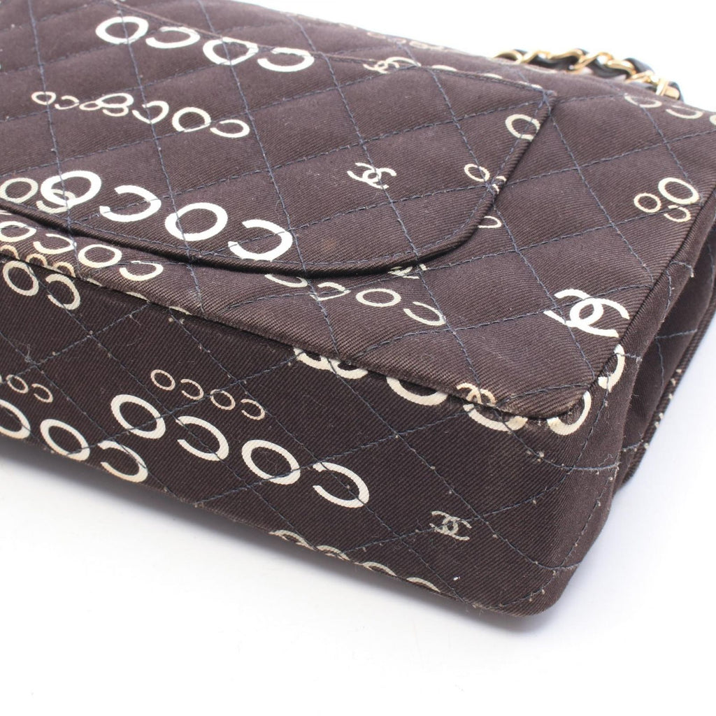 Chanel Shoulder Bag Quilted Double Flap Black Canvas Leather Coco Print Chain — view 7
