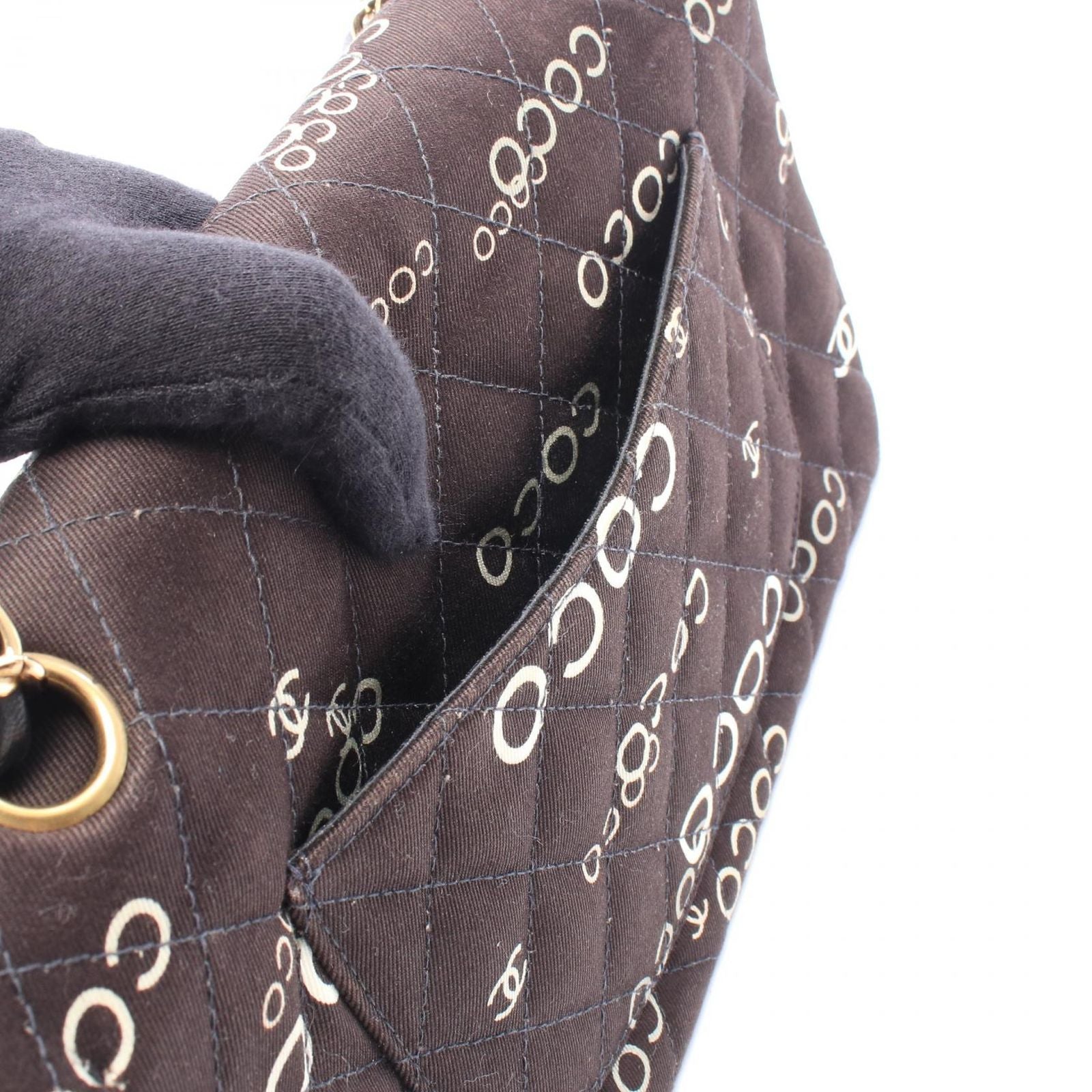 Chanel Shoulder Bag Quilted Double Flap Black Canvas Leather Coco Print Chain — view 6