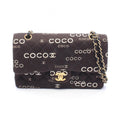 Chanel Shoulder Bag Quilted Double Flap Black Canvas Leather Coco Print Chain
