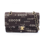 Chanel Shoulder Bag Quilted Double Flap Black Canvas Leather Coco Print Chain