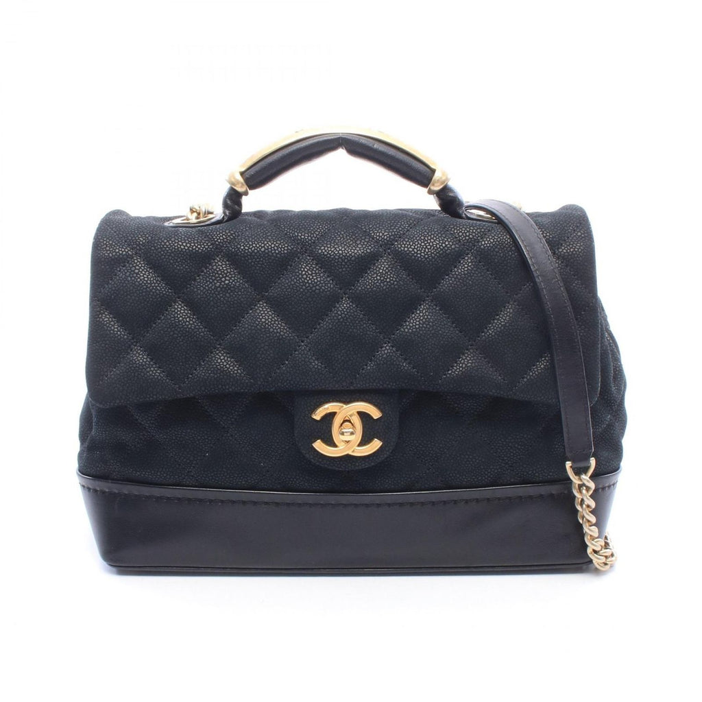 Chanel Shoulder Bag Quilted Top Handle Flap Black Leather