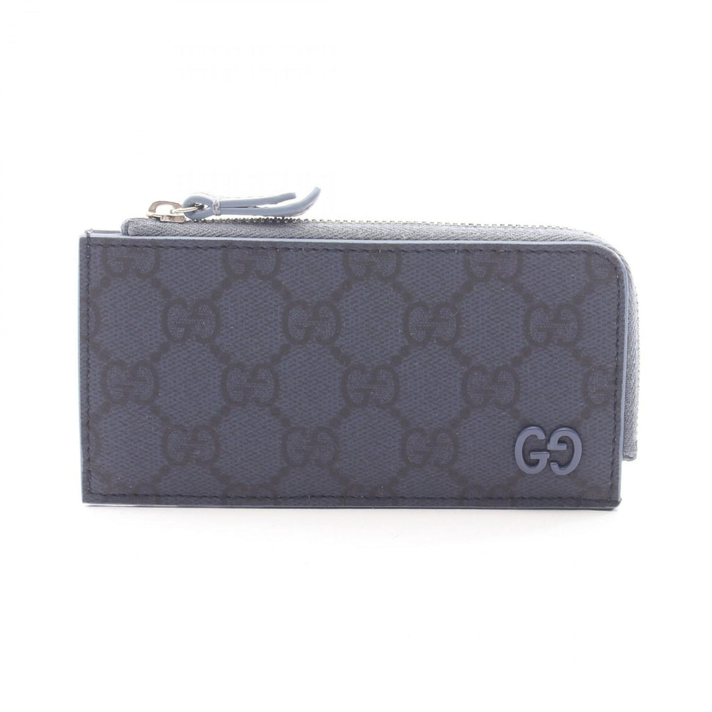 Gucci Coin Purse GG Supreme Zip Card Case Navy Leather Dusty Blue Trim