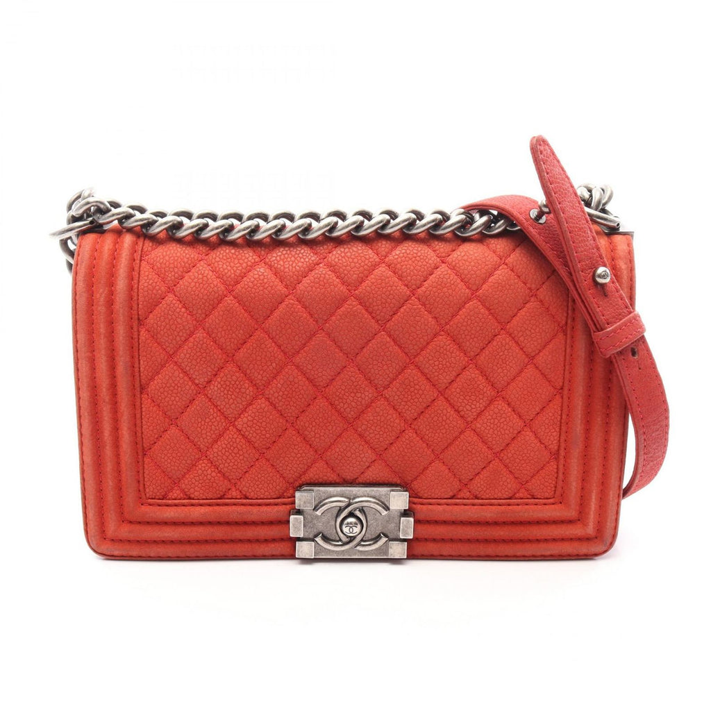 Chanel Shoulder Bag Boy Orange Caviar Leather Chain