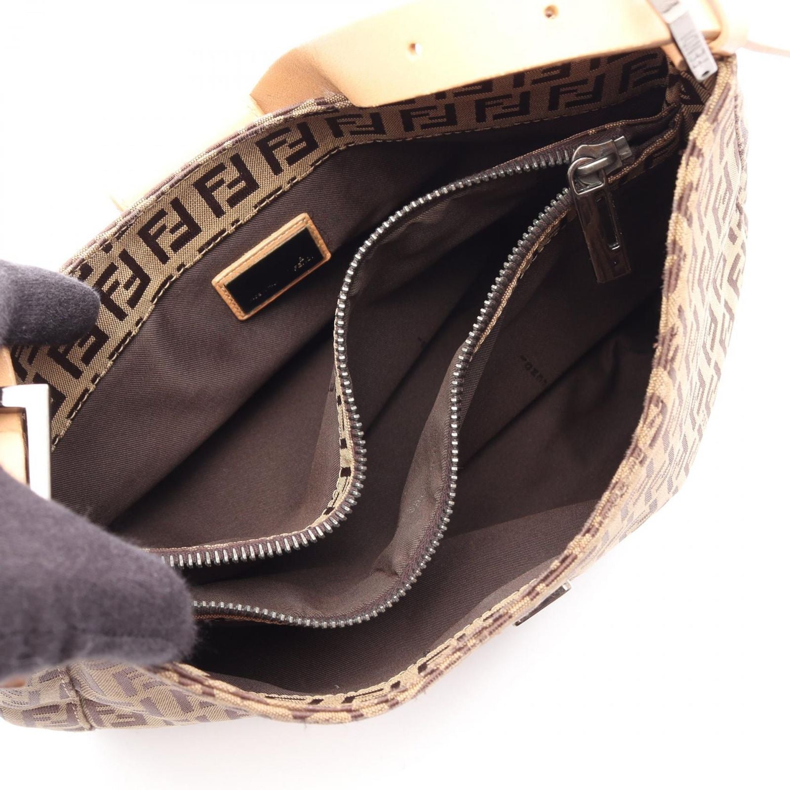 Fendi Shoulder Bag Zucchino Beige Brown Canvas Leather — view 3