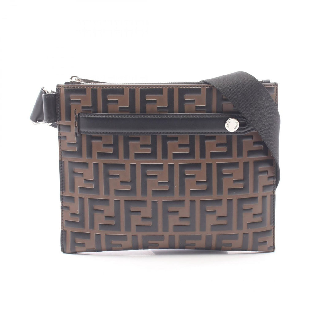 Fendi Shoulder Bag Zucca Brown Black Leather