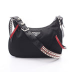 Prada Shoulder Bag New Vela Studs Black Red Nylon Leather Triangle Logo