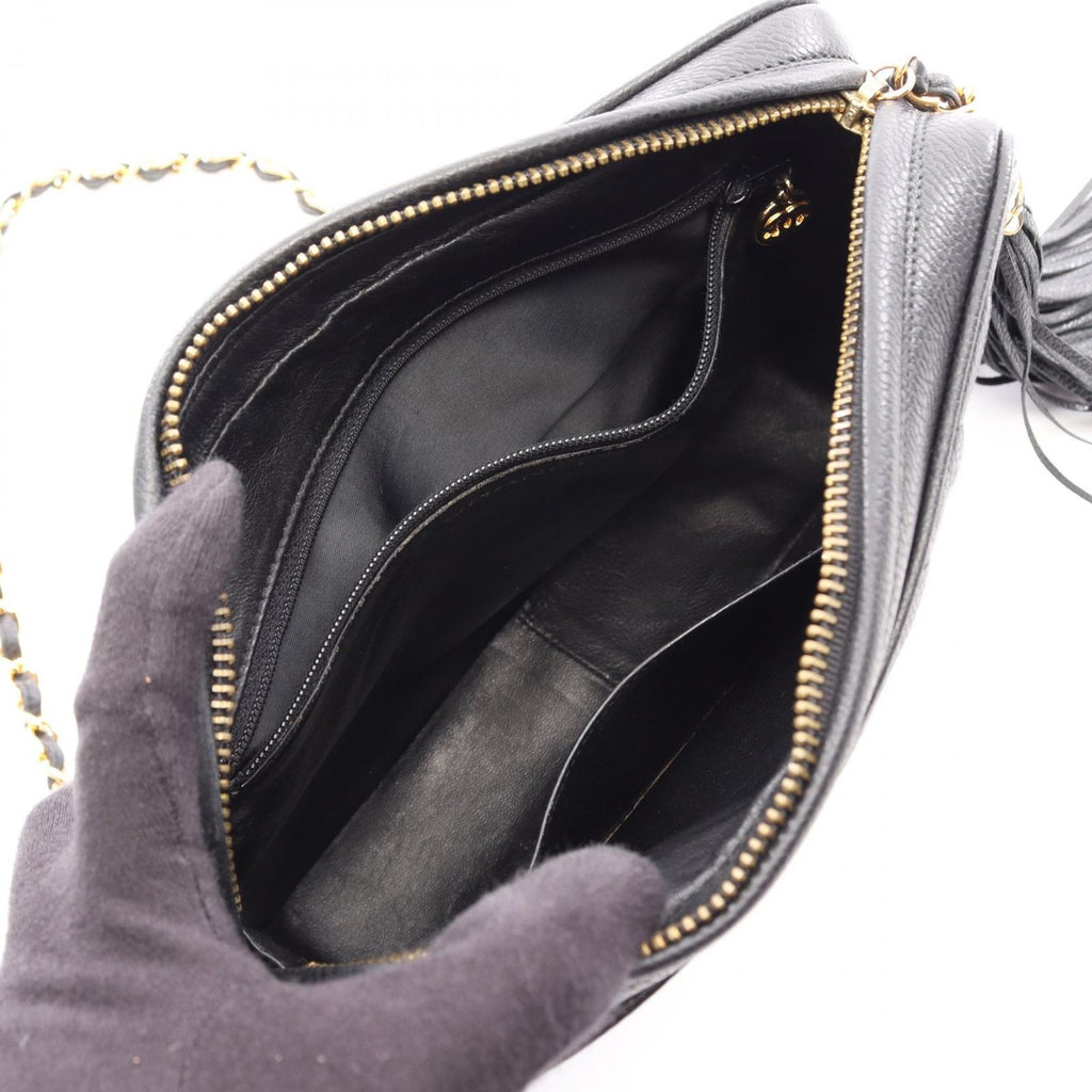 Chanel Shoulder Bag Diamond Stitch CC Logo Black Caviar Leather Fringe Chain — view 3