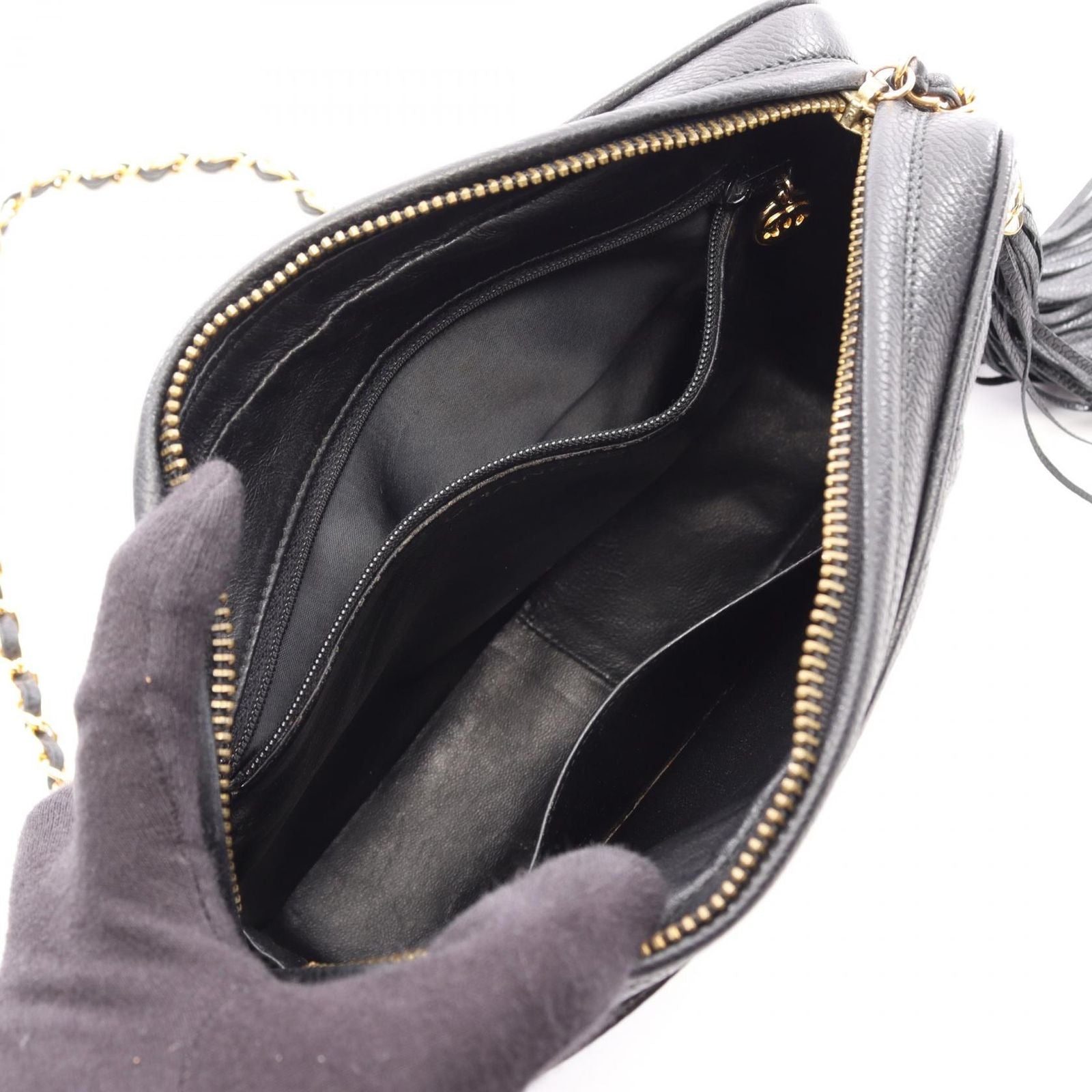 Chanel Shoulder Bag Diamond Stitch CC Logo Black Caviar Leather Fringe Chain — view 3