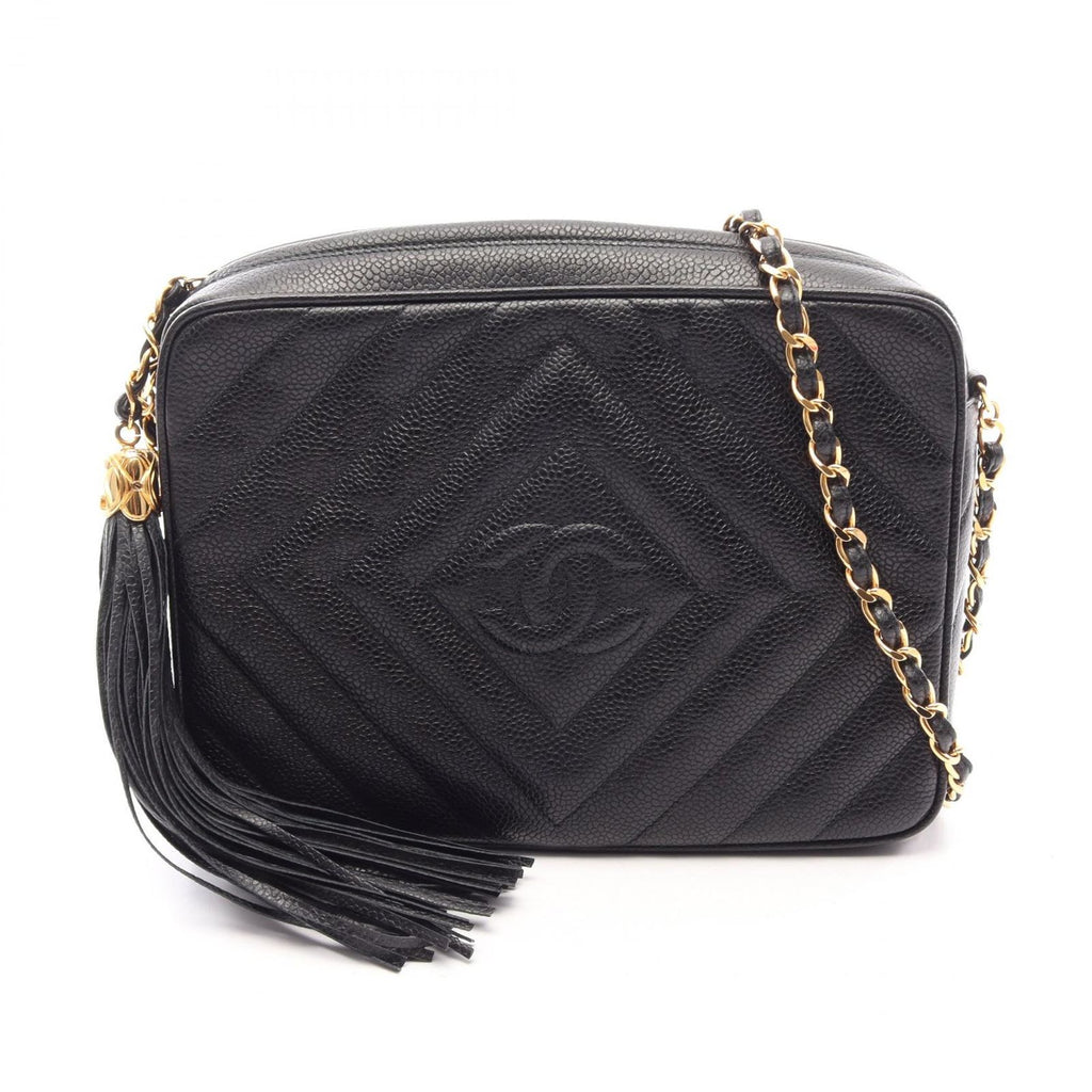 Chanel Shoulder Bag Diamond Stitch CC Logo Black Caviar Leather Fringe Chain
