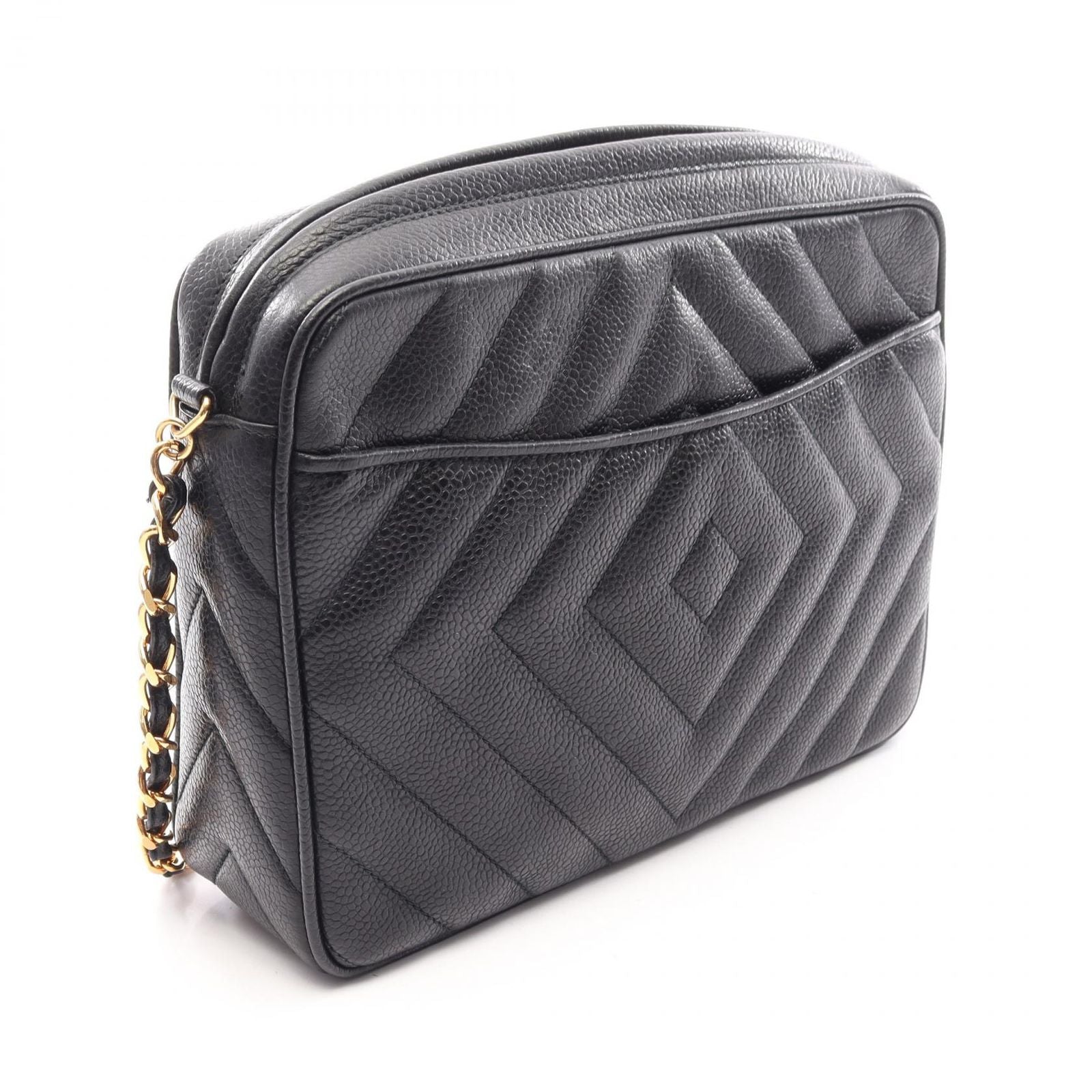 Chanel Shoulder Bag Diamond Stitch CC Logo Black Caviar Leather Fringe Chain — view 2