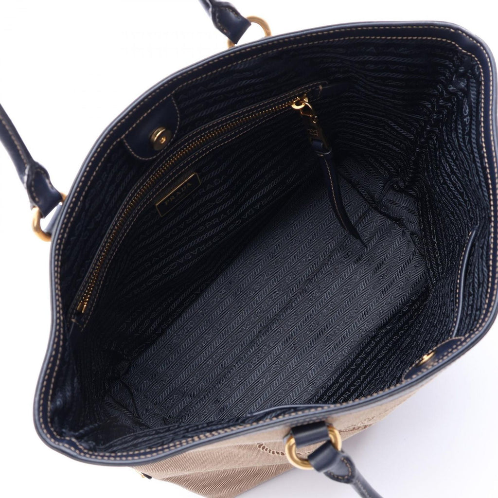 Prada Tote Bag Tessuto Soft CA Beige Navy Canvas Leather Logo Jacquard — view 3