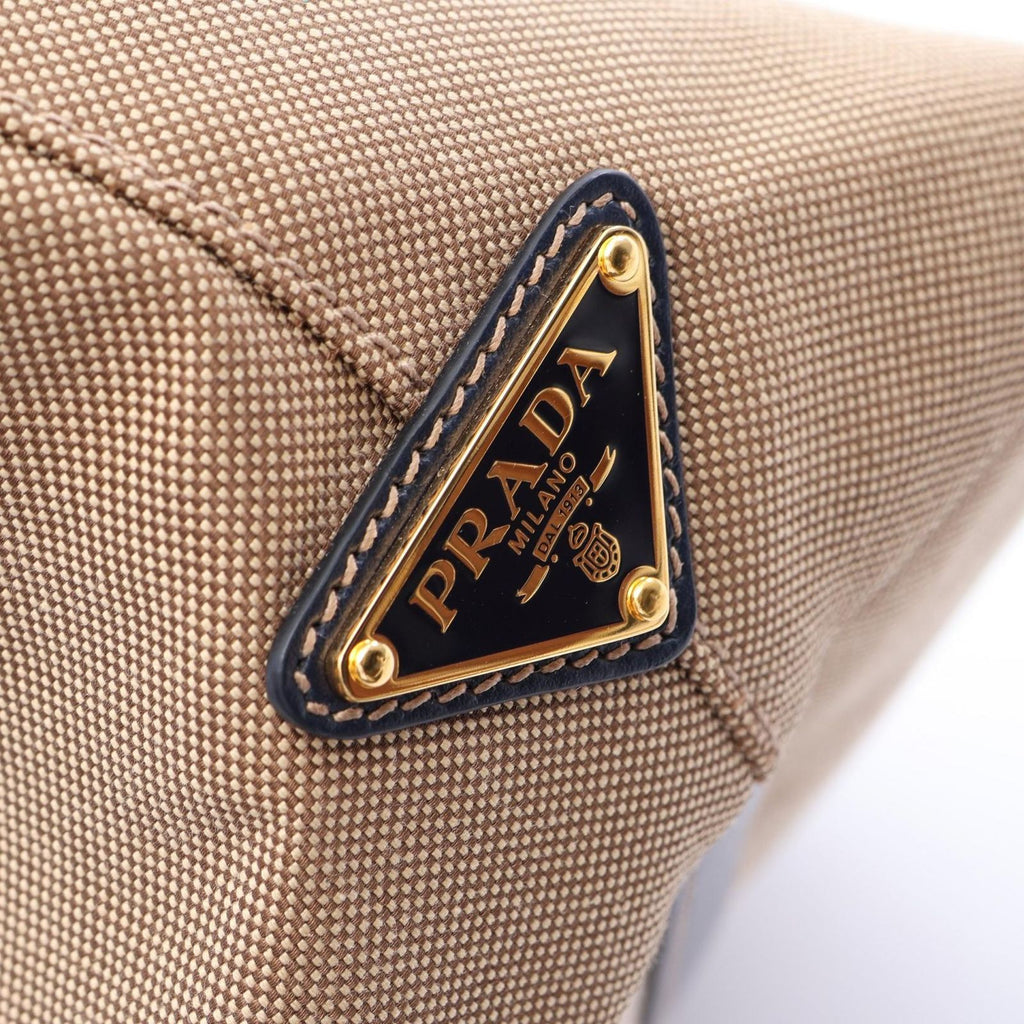 Prada Tote Bag Tessuto Soft CA Beige Navy Canvas Leather Logo Jacquard — view 8